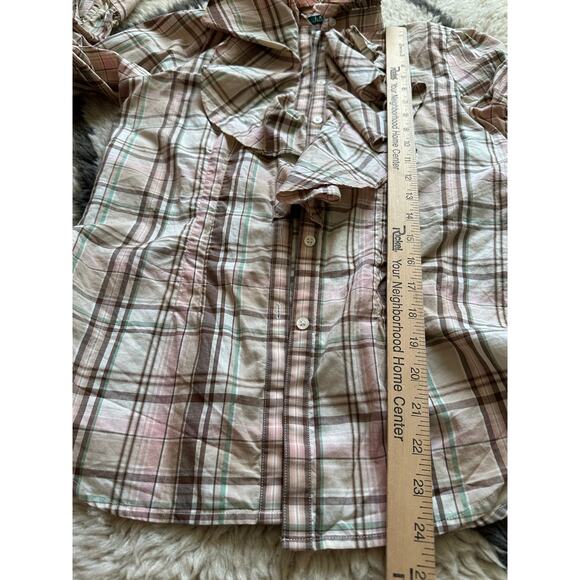 Lauren ralph lauren plaid ruffle front button down shirt peach cream S Petite - Picture 8 of 11